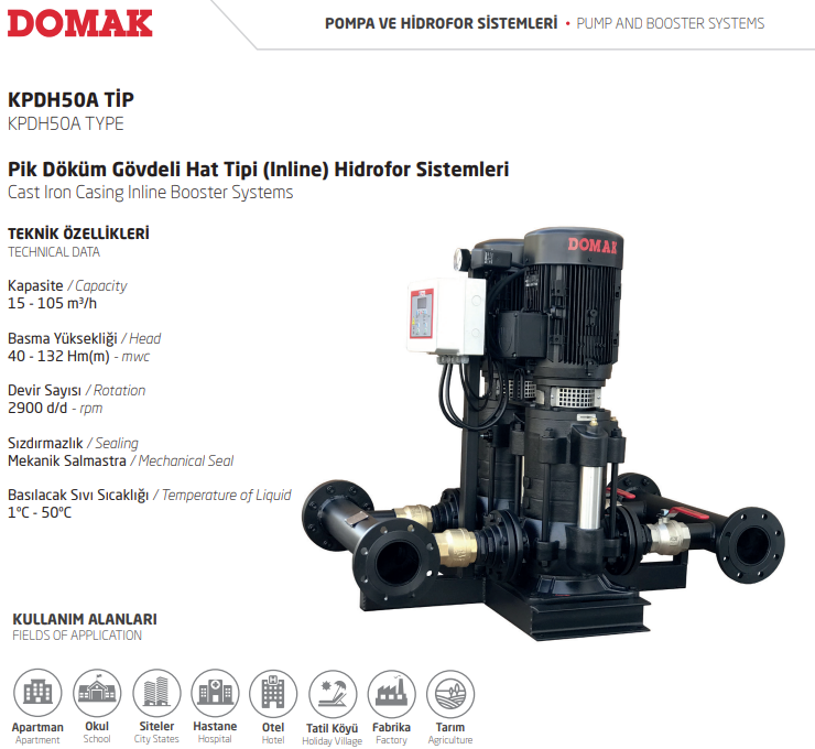 KPDH TİPİ  Pik Döküm Gövdeli Hat Tipi (Inline) Hidrofor Sistemleri