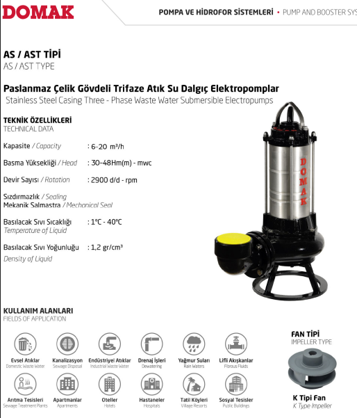 AS-ASM-AST Tipi Paslanmaz Çelik Gövdeli Atık Su Dalgıç Elektropomplar
