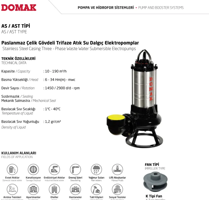 AS-ASM-AST Tipi Paslanmaz Çelik Gövdeli Atık Su Dalgıç Elektropomplar