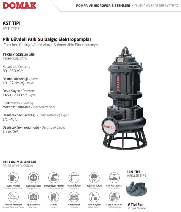 AST535-AST680-AST885 Tipi Pik Gövdeli Atık Su Dalgıç Elektropomplar