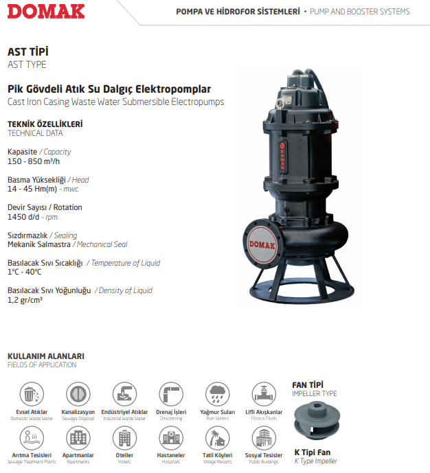 AST535-AST680-AST885 Tipi Pik Gövdeli Atık Su Dalgıç Elektropomplar