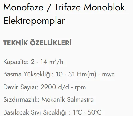 Monofaze / Trifaze Monoblok Elektropomplar