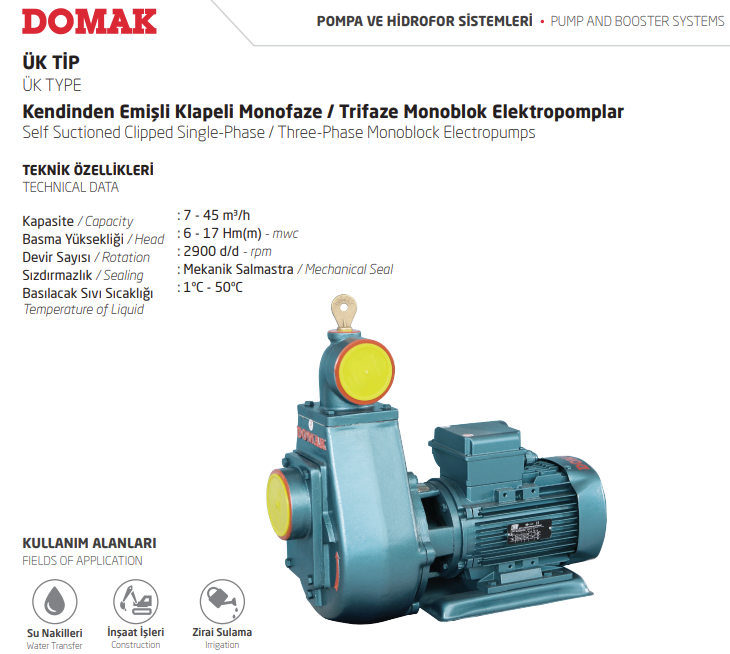 ÜK Tip Kendinden Emişli Klapeli Monofaze / Trifaze Monoblok Elektropomplar