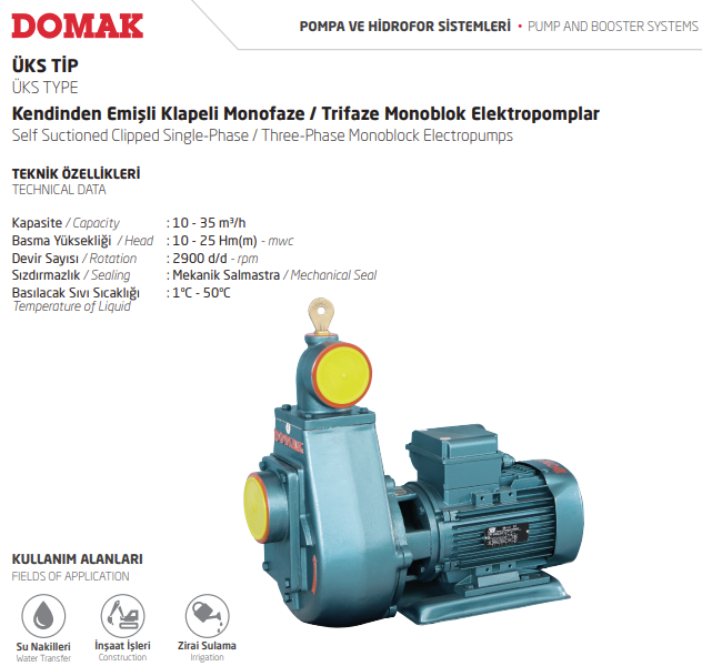 ÜKS Tip Kendinden Emişli Klapeli Monofaze / Trifaze Monoblok Elektropomplar