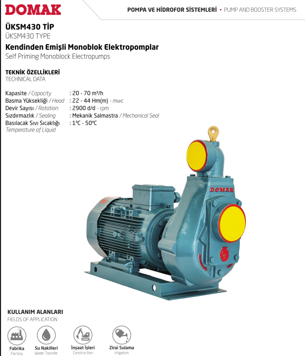 ÜKSM430 Tip Kendinden Emişli Monoblok Elektropomplar