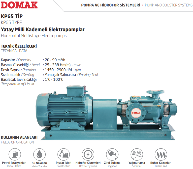 KP65 Tip Yatay Milli Kademeli Elektropomplar