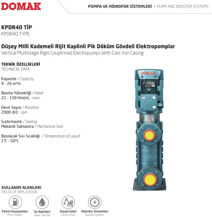 KPDR40 Tip Düşey Milli Kademeli Rijit Kaplinli Pik Döküm Gövdeli Elektropomplar