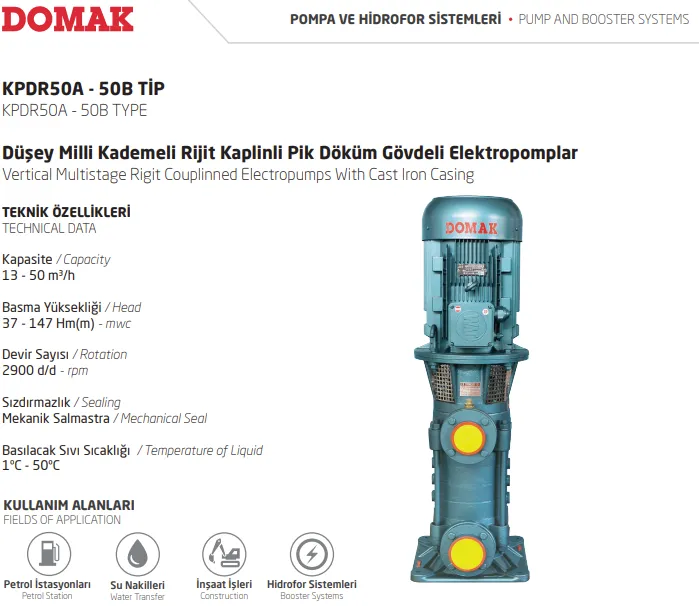 KPDR50A - 50B Tip Düşey Milli Kademeli Rijit Kaplinli Pik Döküm Gövdeli Elektropomplar