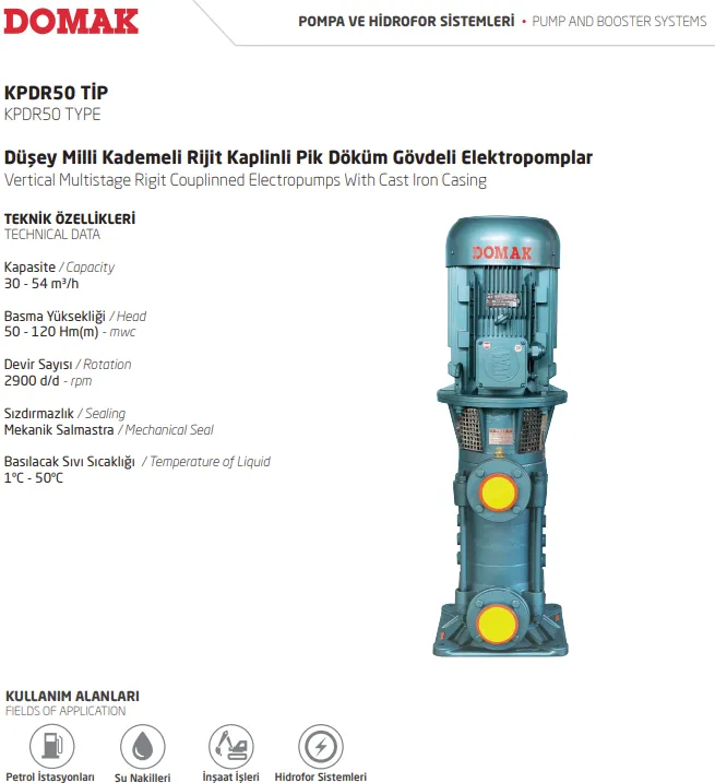 KPDR50 Tip Düşey Milli Kademeli Rijit Kaplinli Pik Döküm Gövdeli Elektropomplar