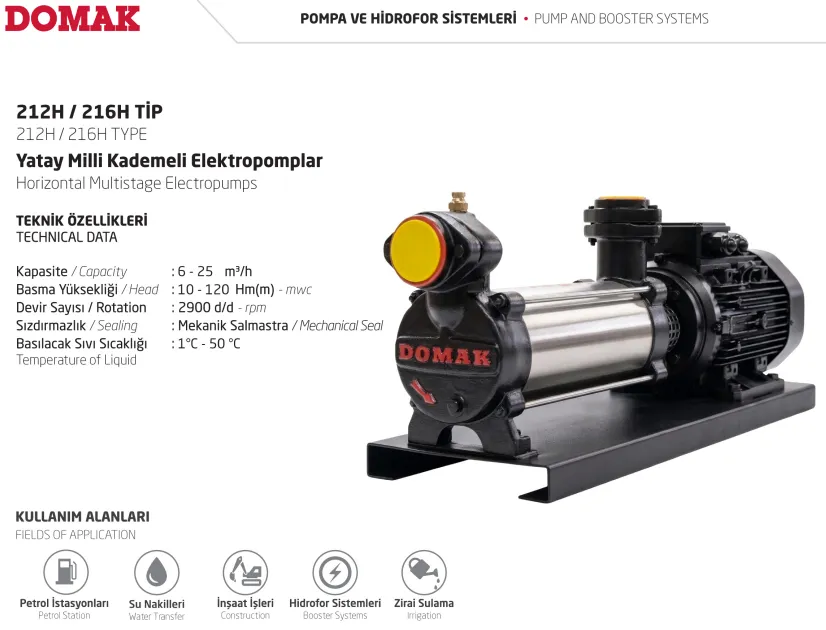 212H/216H Tip Paslanmaz Çelik Gövdeli Yatay Milli Kademeli Elektropomplar