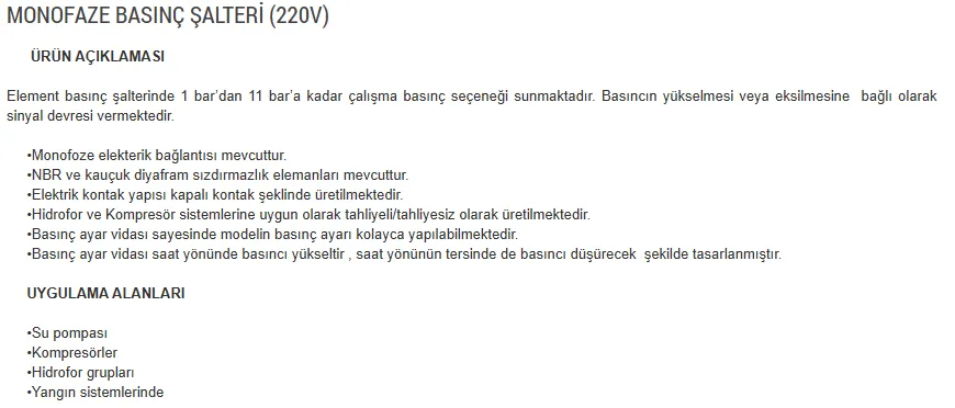 Element Basınç Şalterleri Monofaze 220 v