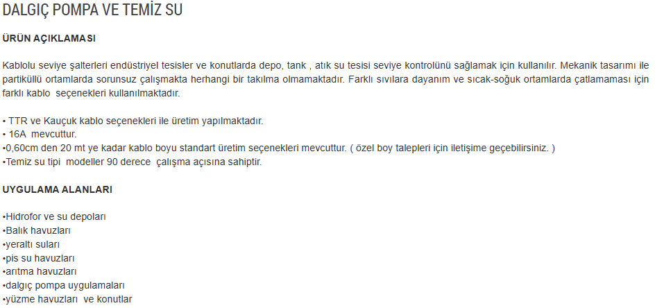 Element Seviye Flatörü Dalgıç Pompa ve Temiz Su